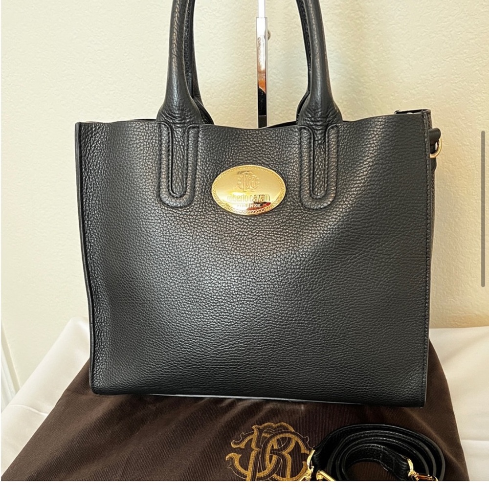 Roberto Cavalli black leather tote with adjusts shoulder strap